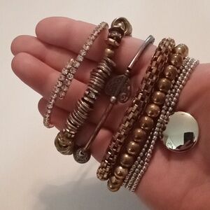 #994. 6 Piece Assorted Rhinestone, Silver & Gold Toned Stretch Bracelet Bundle